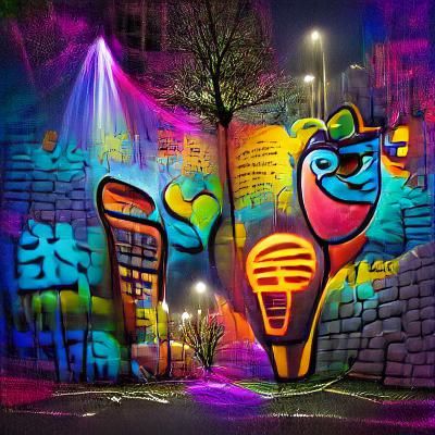 Colorful graffiti wall illuminated by street lamp in night city