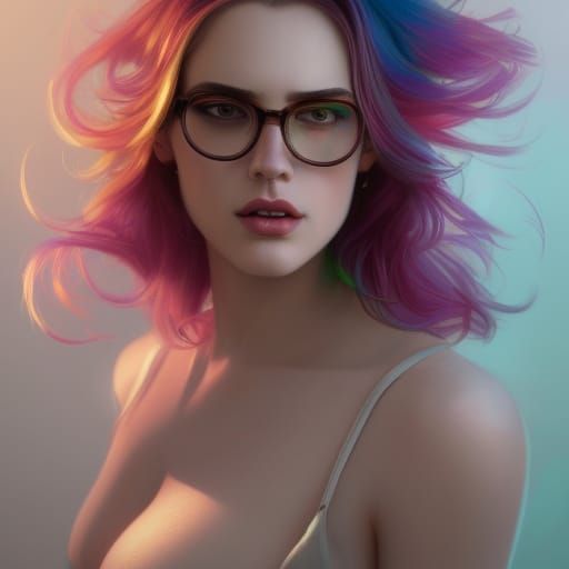 Rainbow Haired Woman with White Eyes, Detailed Render