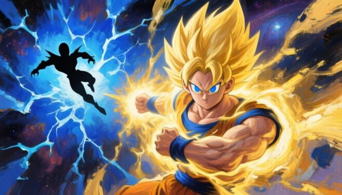 Epic clash: Super Saiyan Goku, golden hair ablaze, intense blue eyes fixed, enveloped in a radiant golden aura, charging a gigantic, crackli...