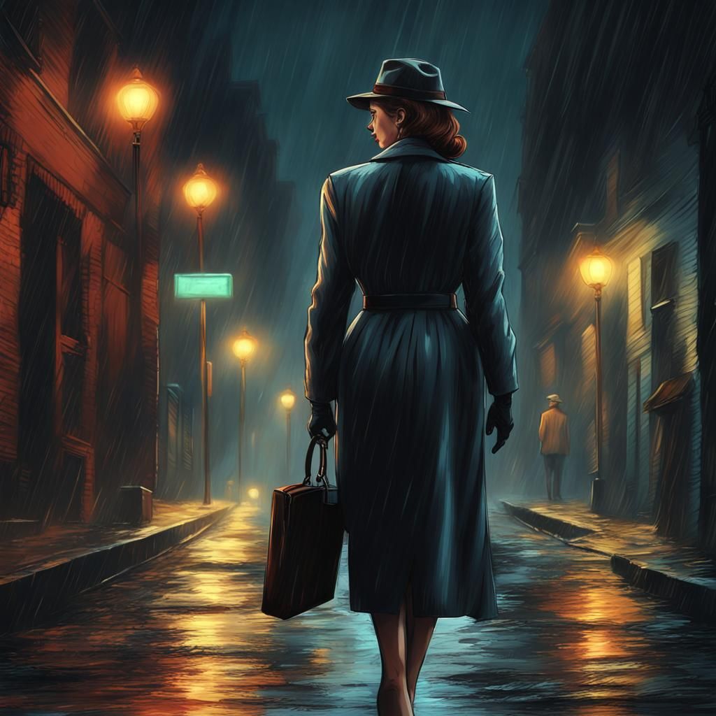 Female detective with her back turned , walking into the night's street,lights dimmed::1

rainy day::1

film ...  by @Lilith Morningstar
