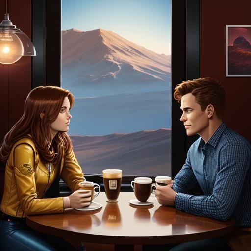 Man and woman are sitting in a Cafe  on the mars drinking co...