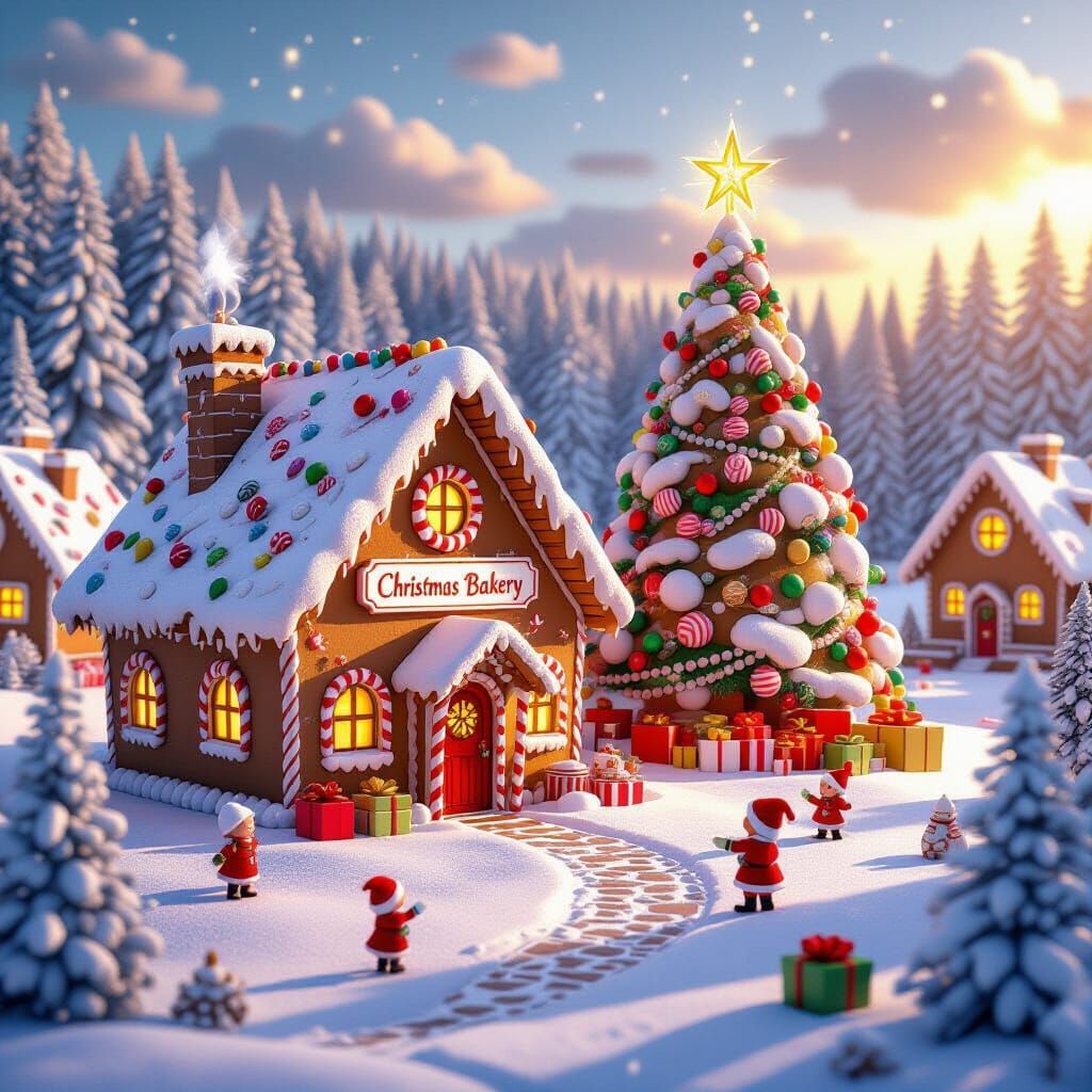 The picture shows a Christmas village that appears to consist of gingerbread houses. In the foreground ...  by @PaderAngel