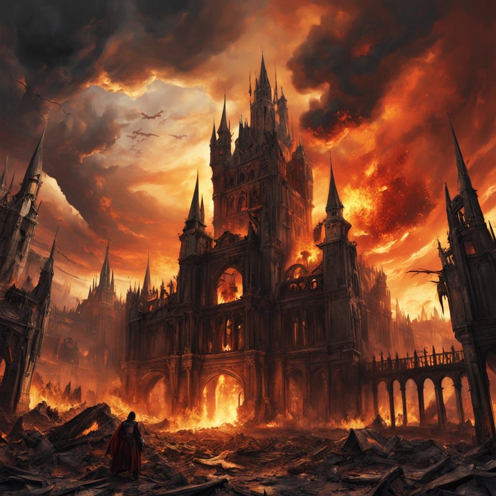 Burning Palaces at Sunset in Apocalyptic Fantasy Style