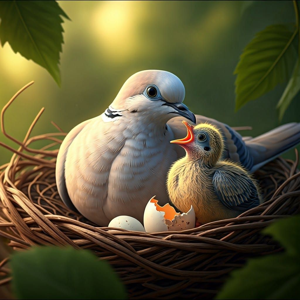 Serene Dove in Nest, Feeding Chicks Amidst Vibrant Greenery