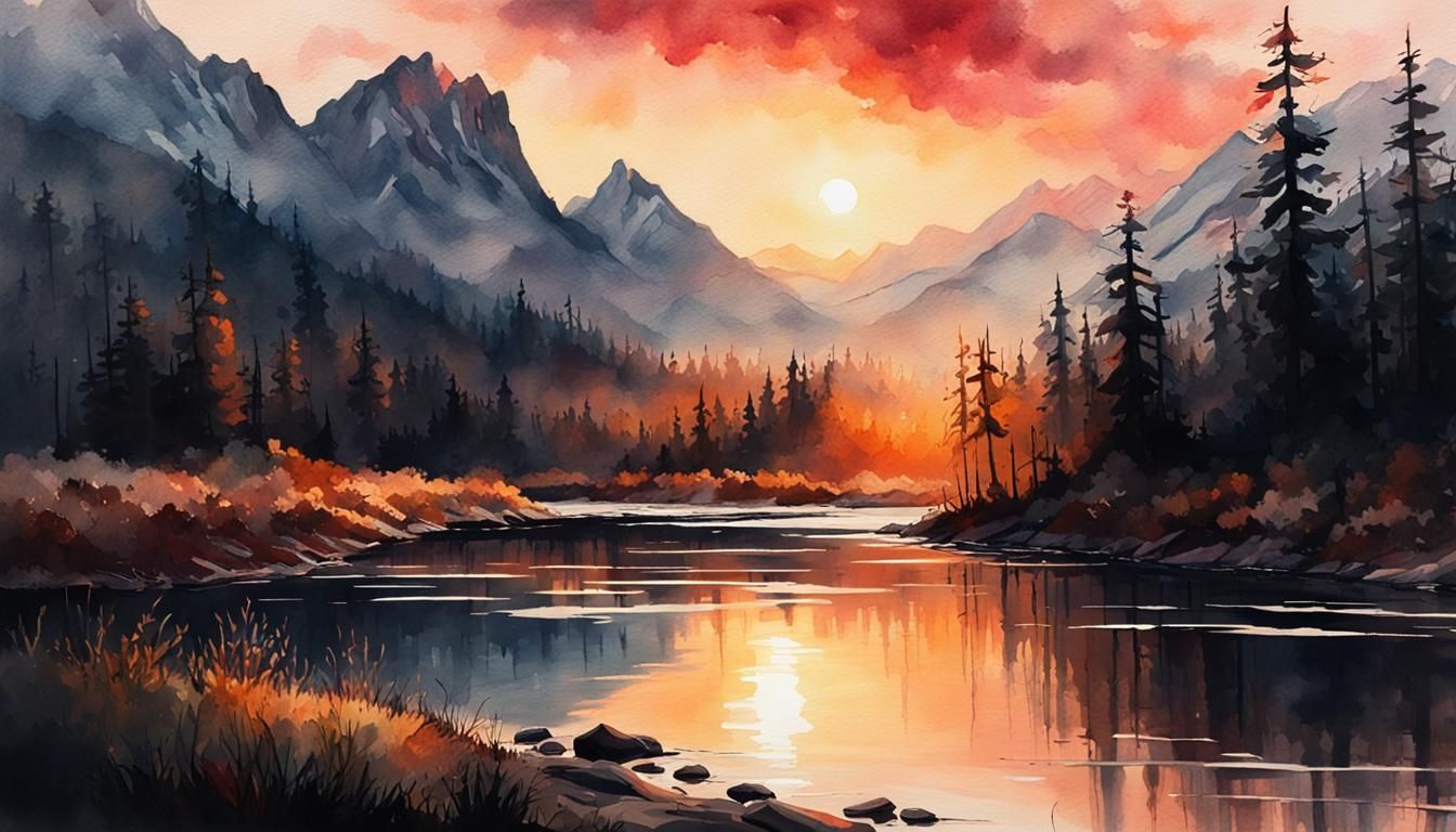 Mountain Sunrise Watercolor Painting with Forest River