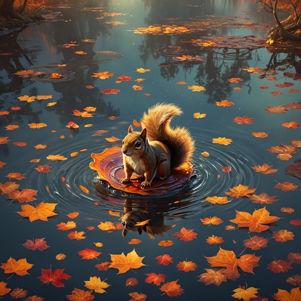 Squirrel Floating on Burning Autumn Leaf