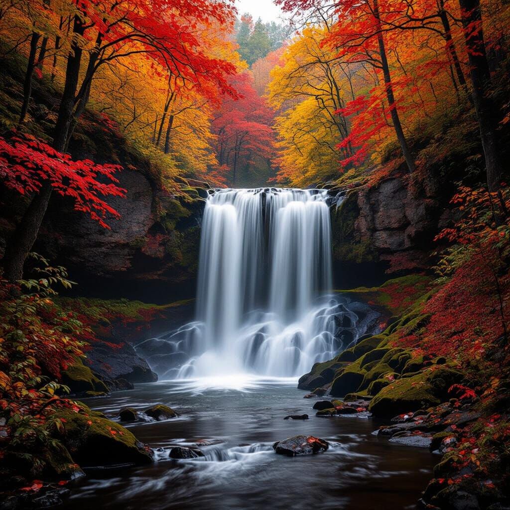 Majestic Autumn Waterfall Forest Cinematic