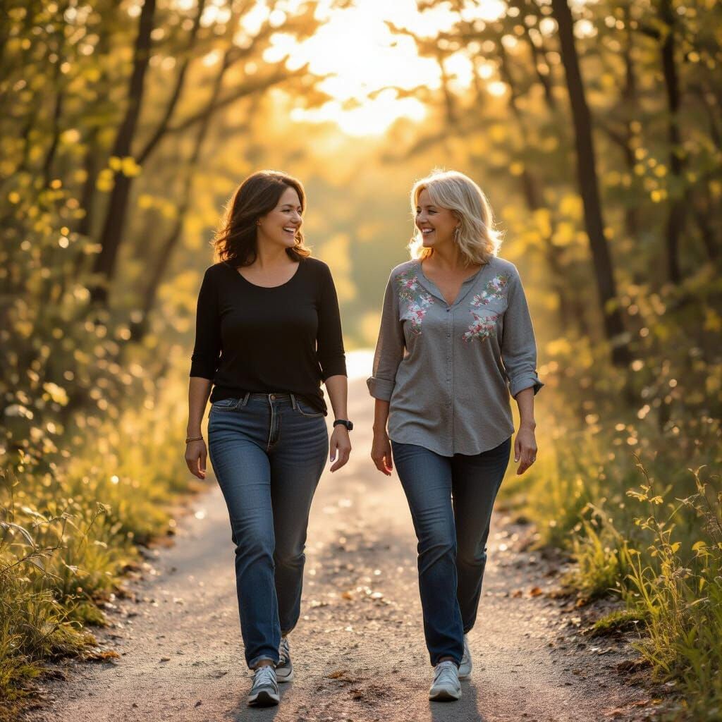 Have main woman from first picture appear in the woods scene without the other women there.  - Start Image 2