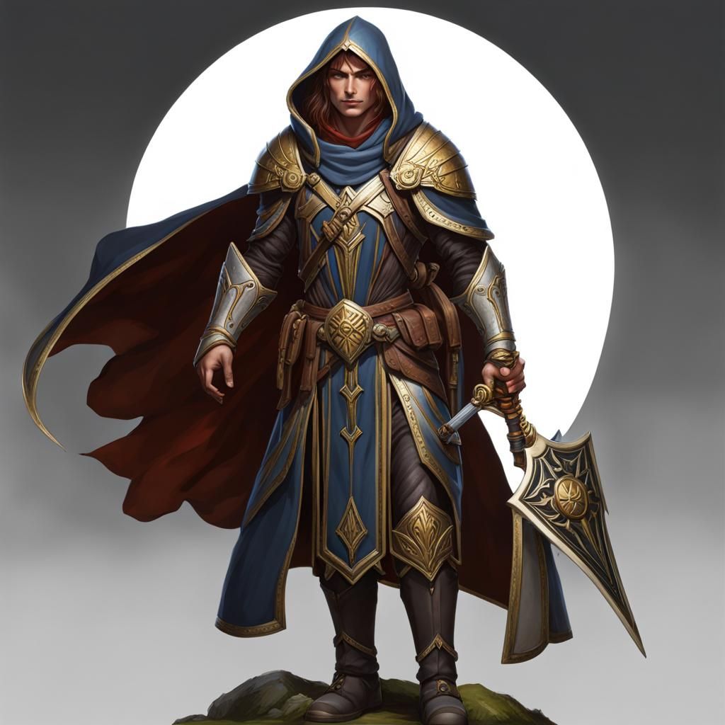 Male aasimar twilight cleric with a hood and sword and shield - AI ...