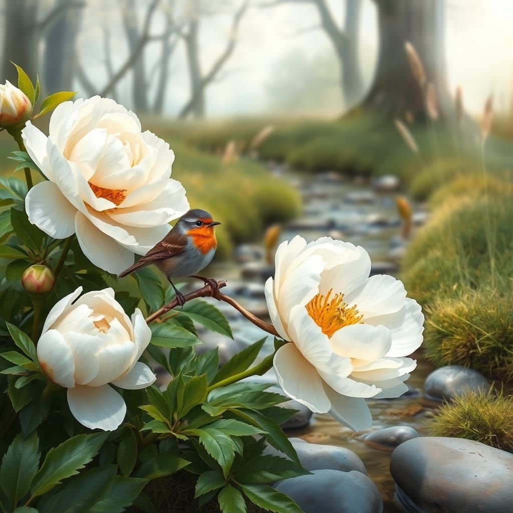 White peonies growing naturally along the edge of a small, clear stream in a peaceful woodland setting. The tall stems b...