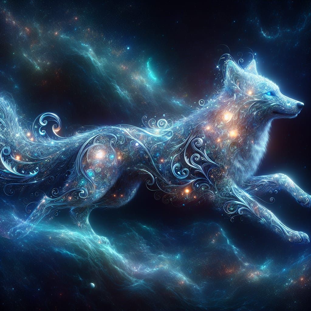 Twilight Wolf Gliding Through Cosmic Darkness