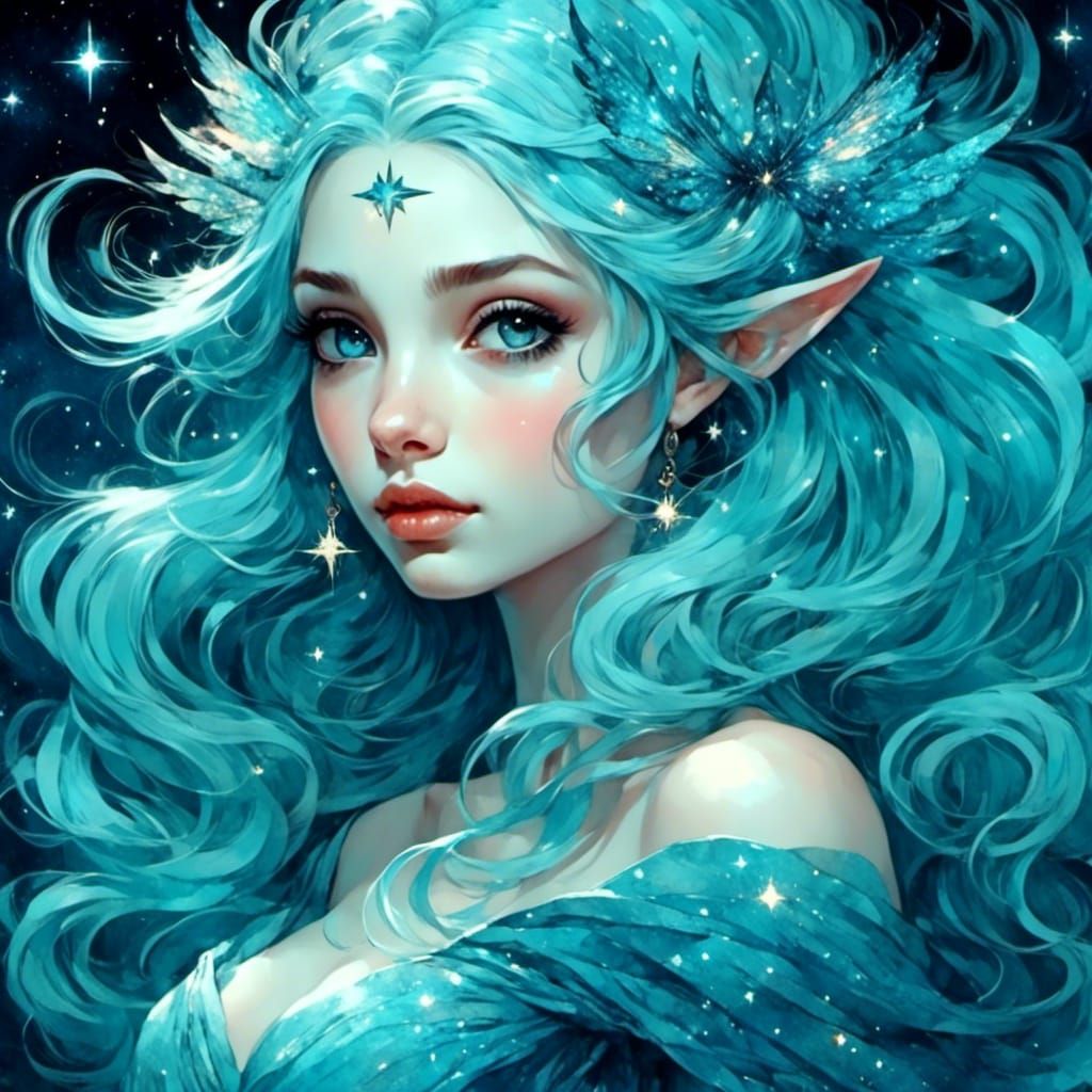 Fantasy Witch Gazing at Star Being Born