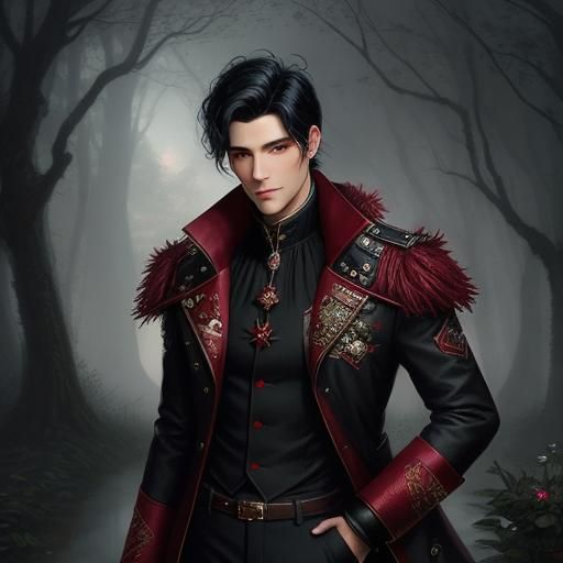 a young man with past the ears wavy black hair, a long red jacket and ...