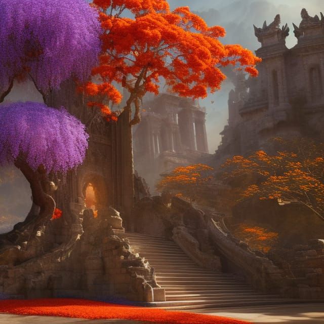 Jacaranda tree with orange and red blossoms