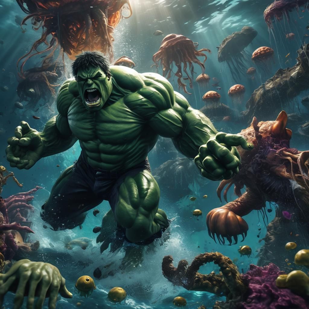 The Incredible Hulk deep underwater, grappling with a giant sea monster. 