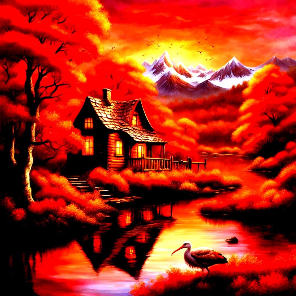 A pink stork stands on a small lake, with an orange background of mountains and trees. The scene is cosmic and dreamy, featuring a small cab...