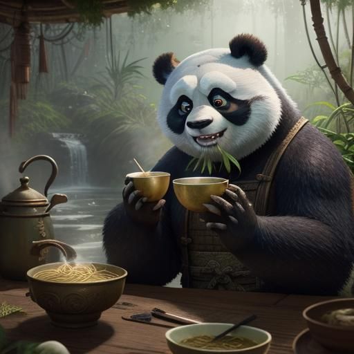 Kung Fu Panda is eating noodles