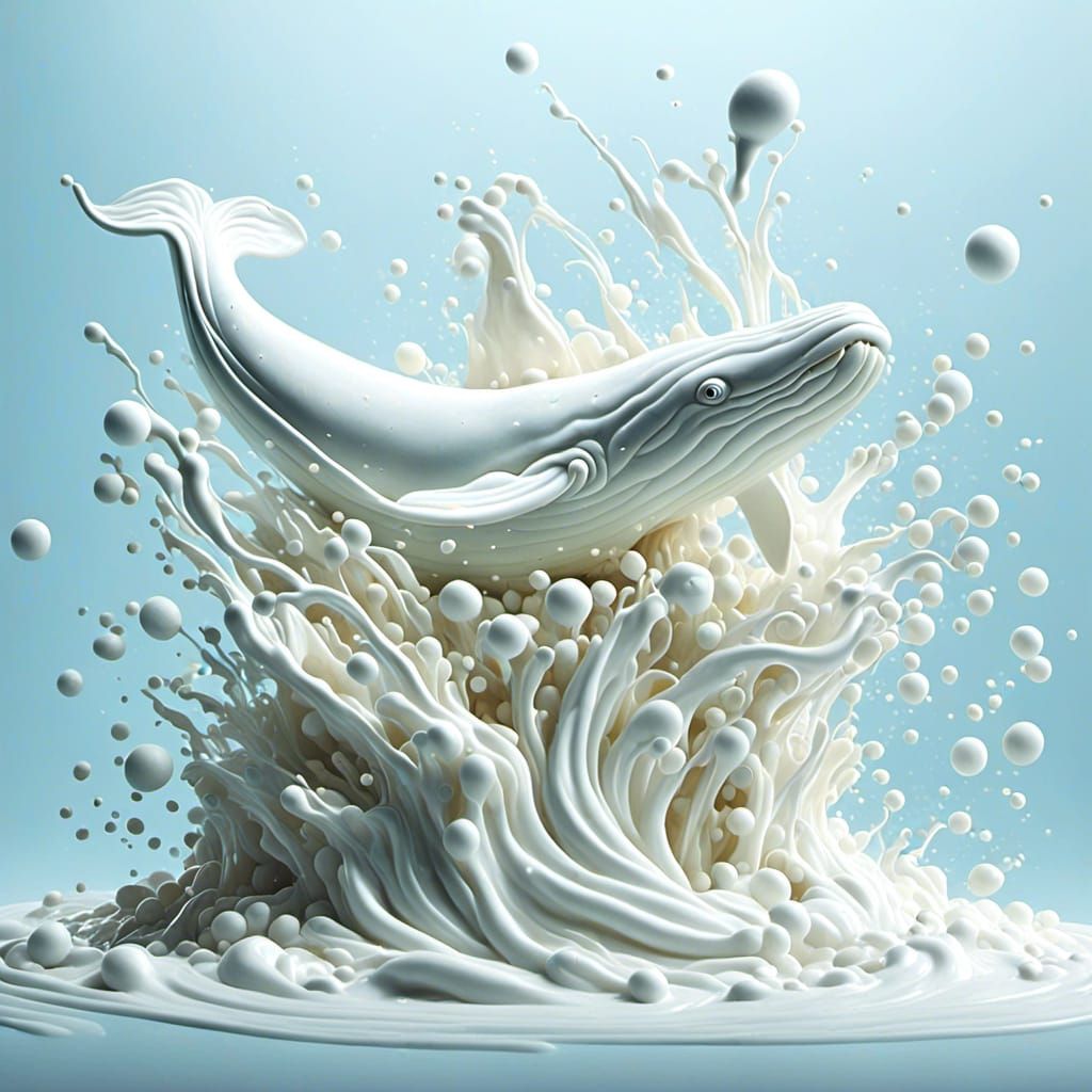 <lora:Milk:1.0> whale jumping out a sea of milk
