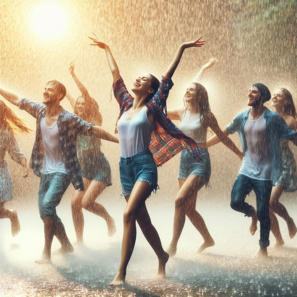 People joyfully dancing in the rain