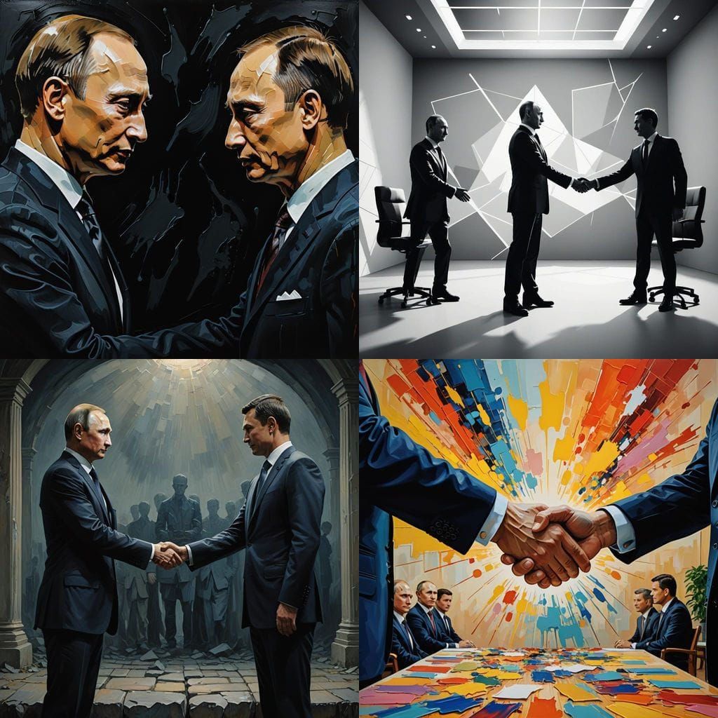 Human Silhouettes of Putin and Zelensky in Abstract Handshak...