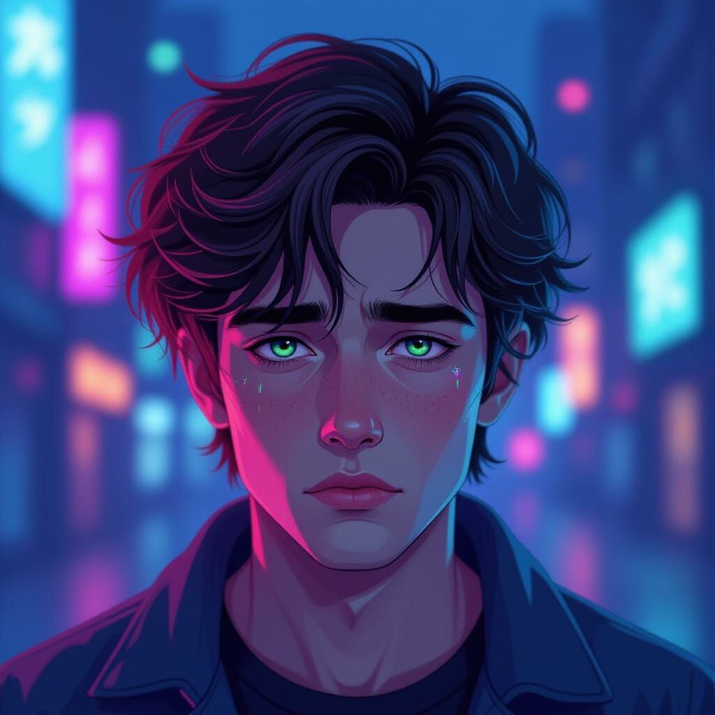 Sad Young Man Bathed in Ethereal Neon Light