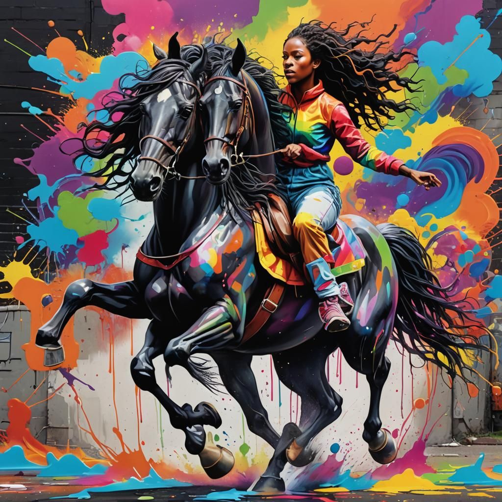 woman riding rainbow coloured horse through neon rainbow coloured hurricane   by @Lane