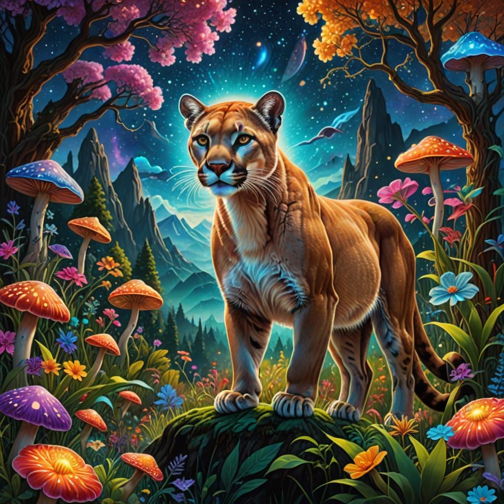 Dreamlike Mountain Lion in Vibrant Garden
