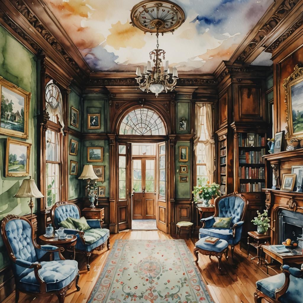 detailed watercolor painting of the interior of a victorian ...