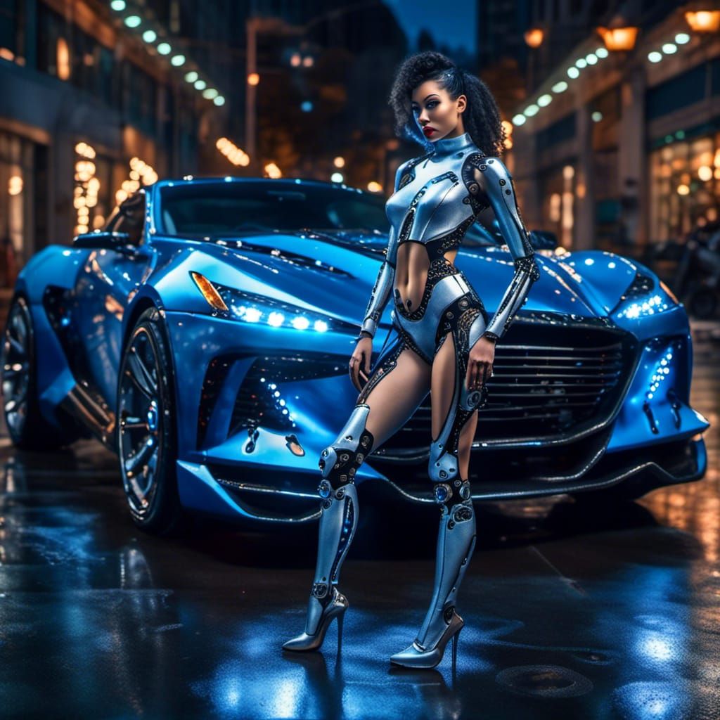 <lora:Futuristic Glamor:1.0> Carbon fiber body and skin cyborg robot vixen model with futuristic cosmic blue sports car, futuristic pinup. H...