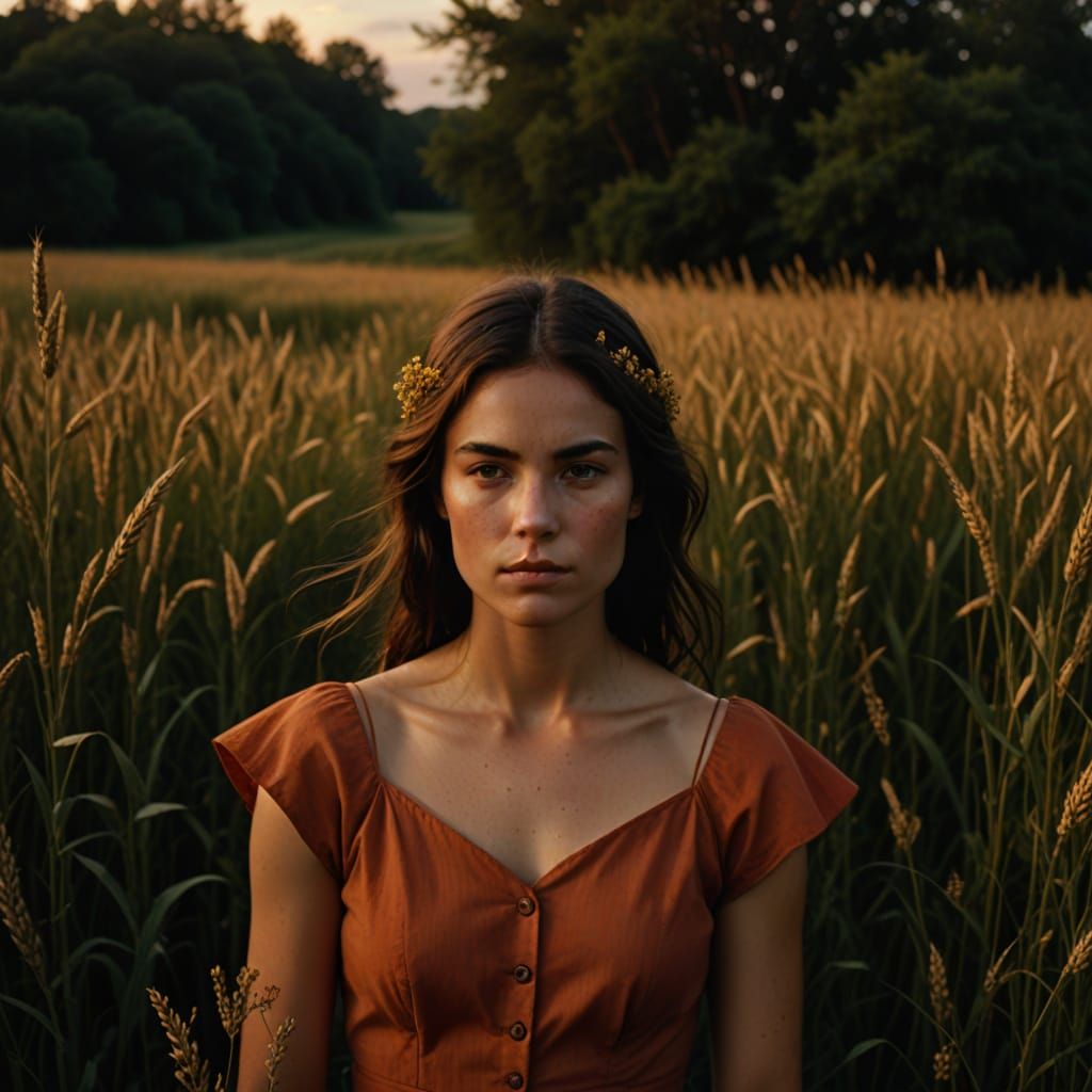 Sharp, high-resolution image. Close-up 3/4 profile portrait with strong contrast. Shot in the style of 35mm film. The subject is surrounded ...