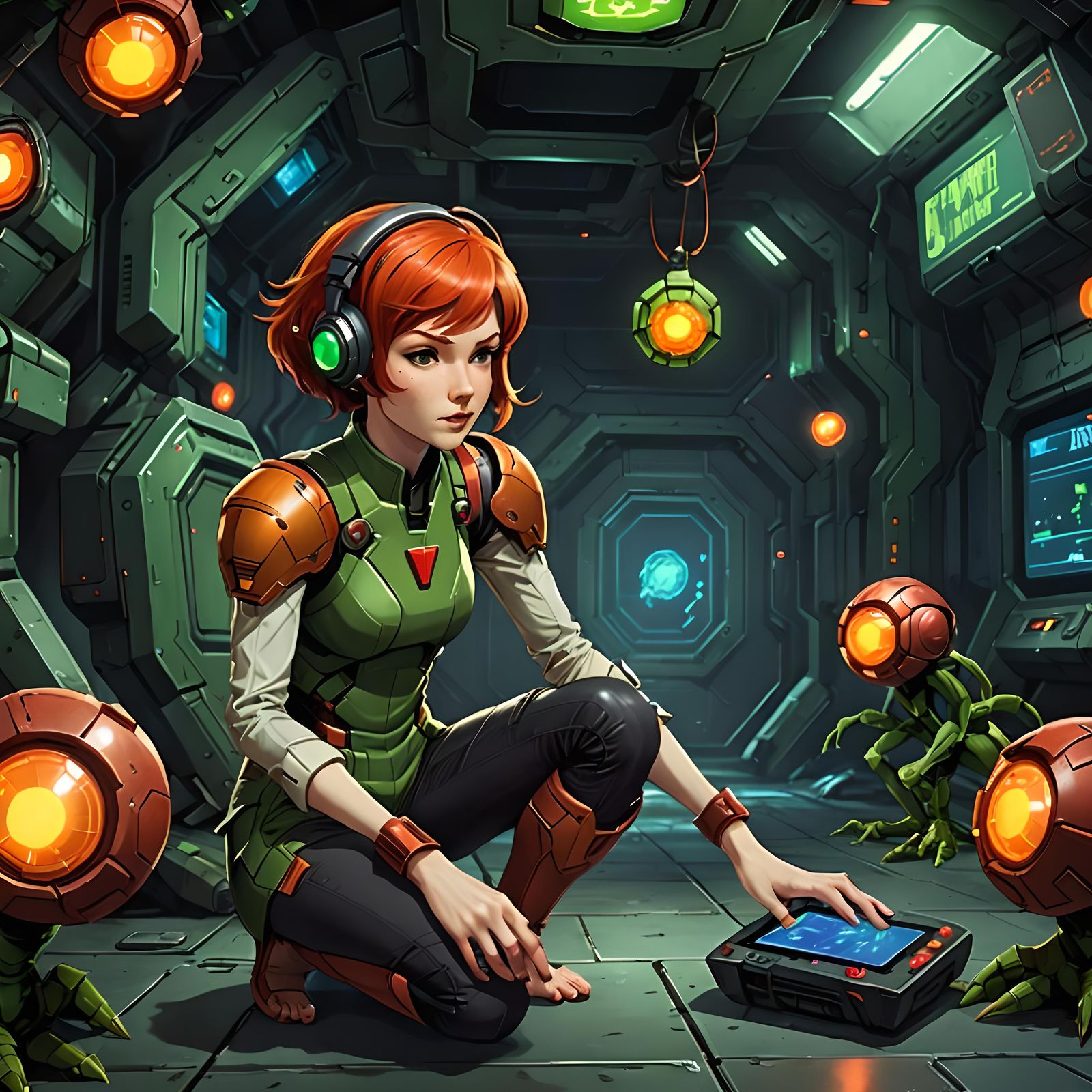 Barefoot redhead girl with a pixie cut playing Metroid, Eldritch filmic ...