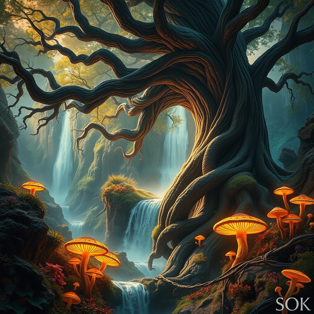 Majestic Mountain Landscape with Twisted Tree and Waterfall