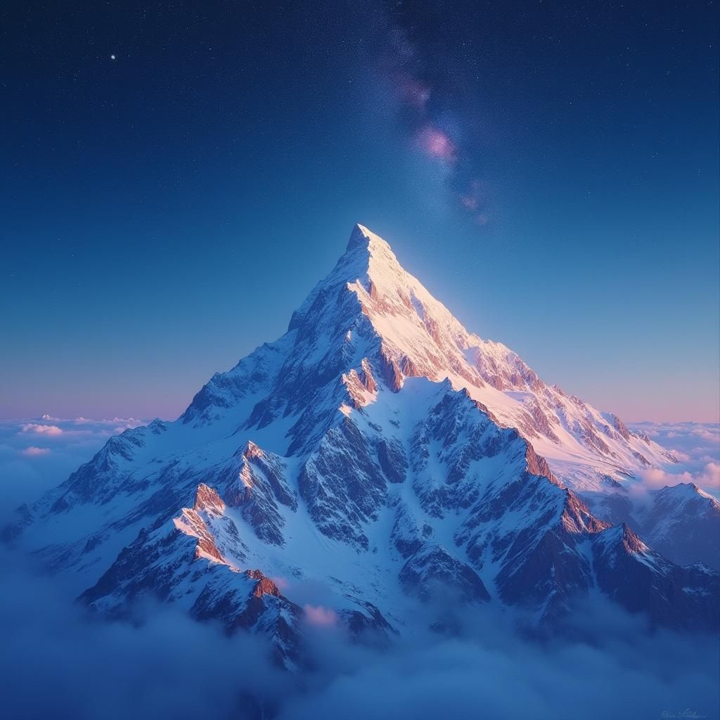 A great mountain, rounded top, rounded snowcapped summit, beneath a starry night sky