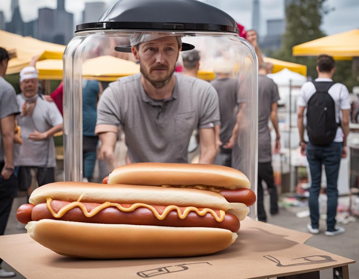 A drone hot dog stand selling human heads in jars
