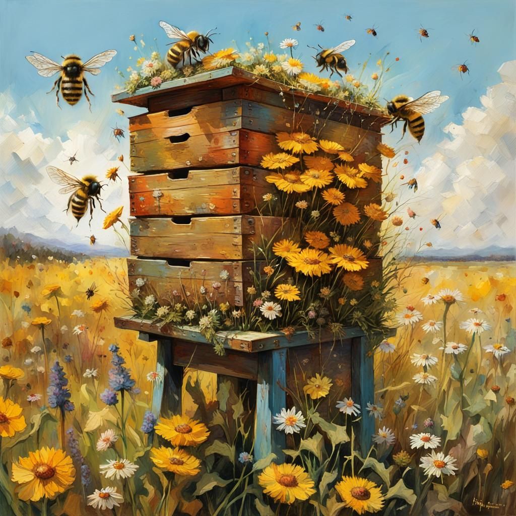 Bee Box in a Field of Flowers  by @Topher