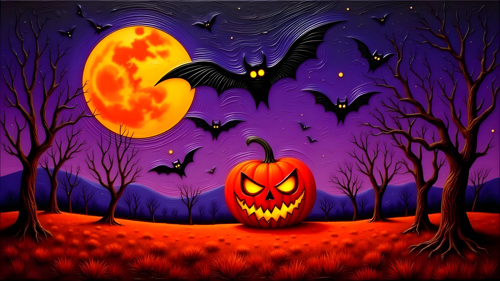 Surreal Halloween Oil Painting with Giant Pumpkin