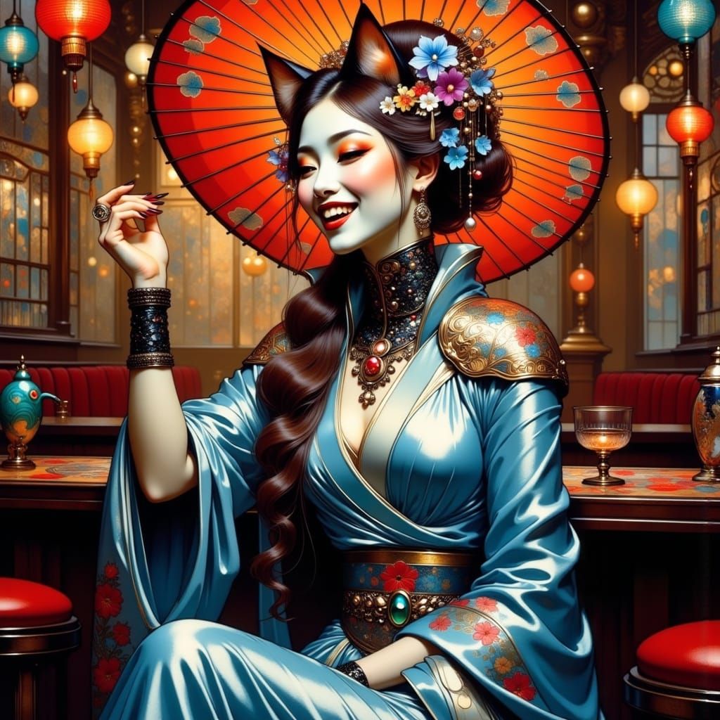 Anthropomorphic Cat Geisha Plays Poker in Futuristic Bar