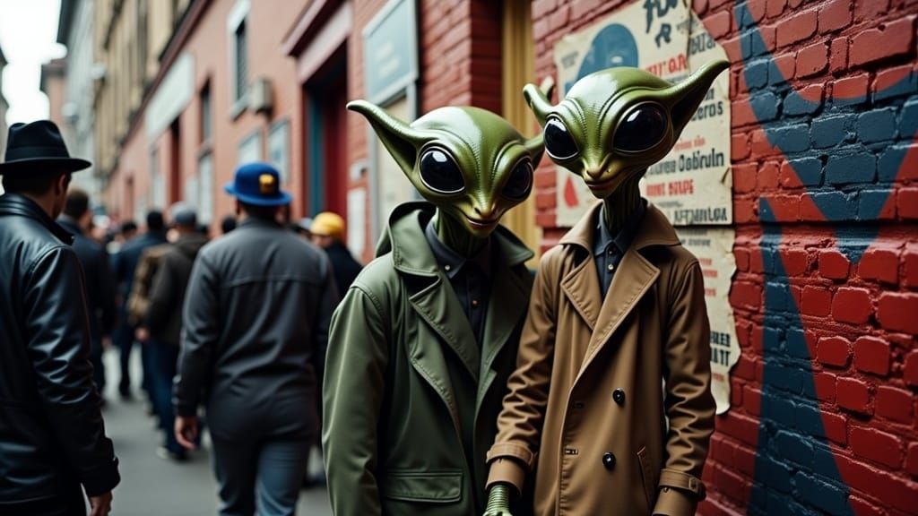 Two aliens trying to blend in as humans, standing in line for concert tickets . The line is long and filled with punks and metal heads. Huge...