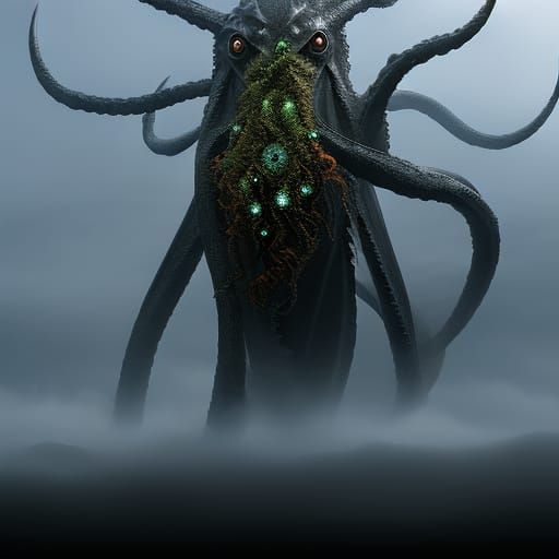 Dark Lovecraftian Creature emerging from fog, swirling fog, spirits ...