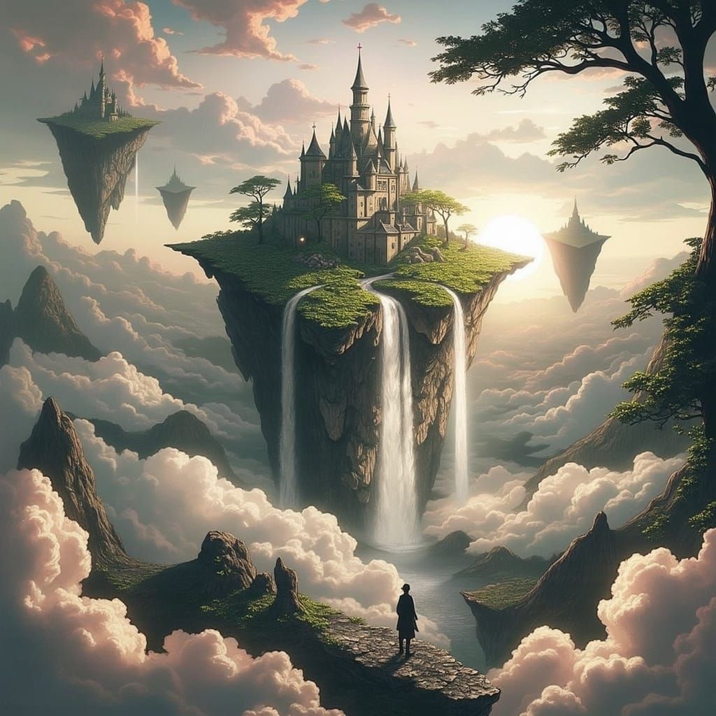 "A breathtaking fantasy landscape featuring floating islands...