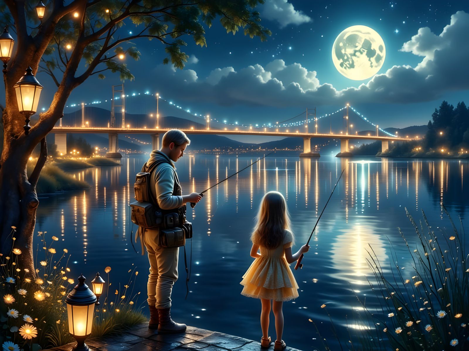 Father Daughter Fishing at Night on City Bridge