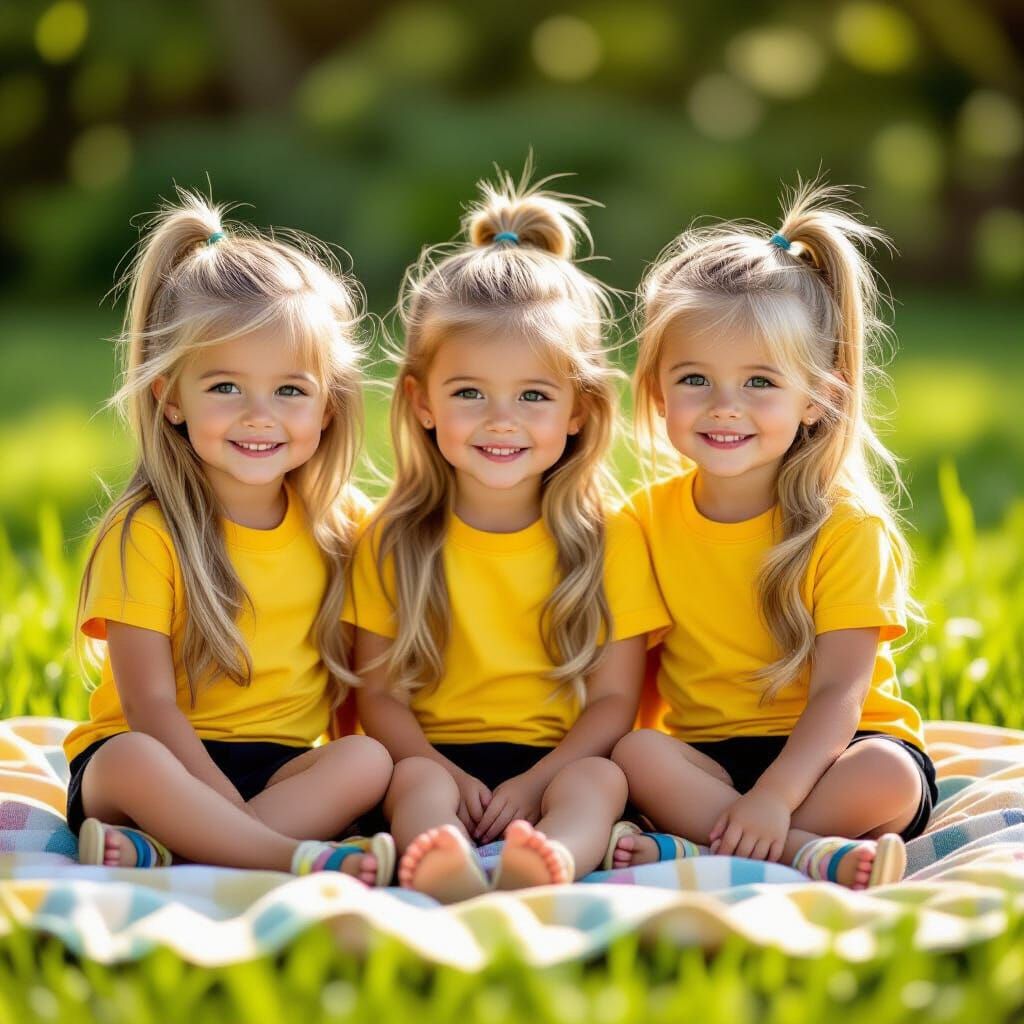 Blonde Triplets Enjoying Sunshine, Pop Art Style