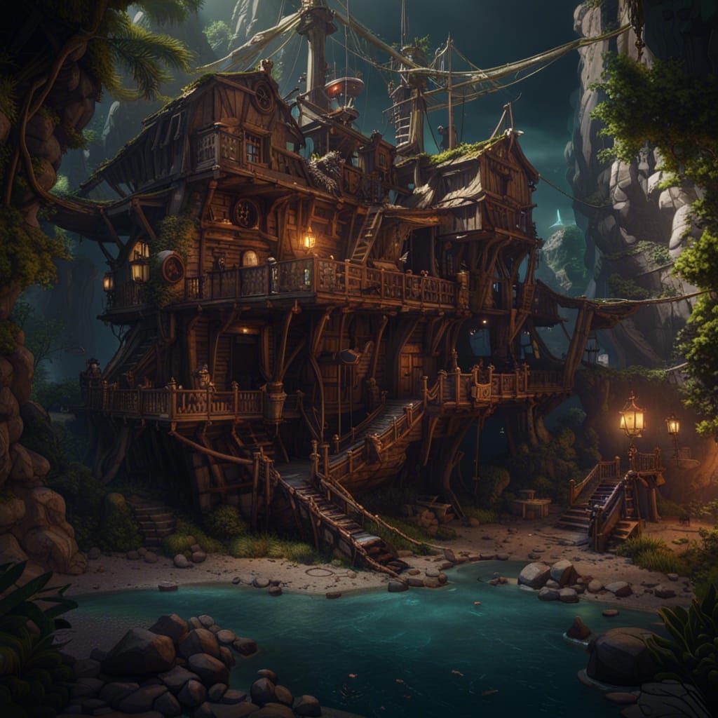 The Pirate Hideout, detailed matte painting, deep color, fantastical, intricate detail, splash screen, ...  by @ADRubio