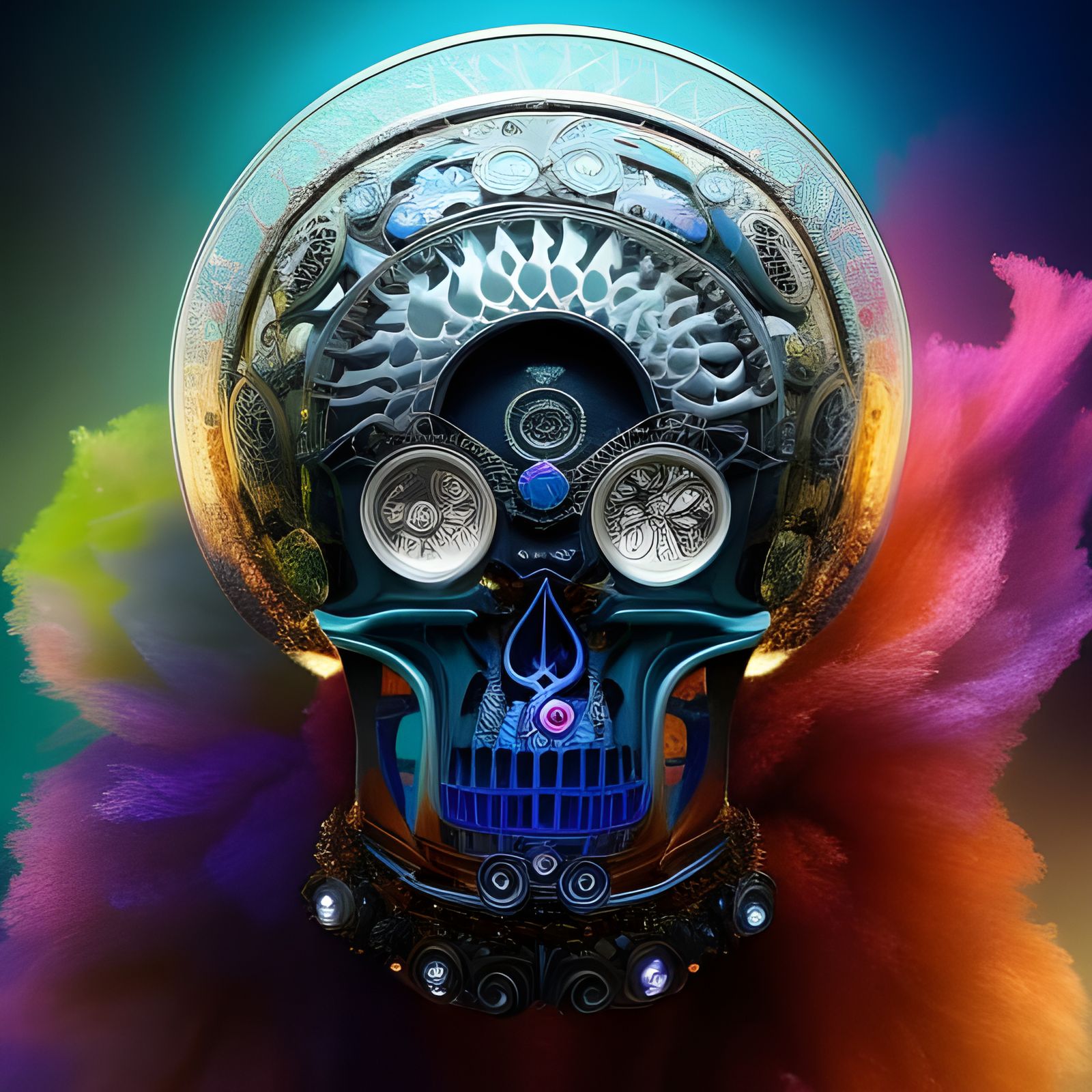 Crystal Skull in Solarpunk Engine Wonderland