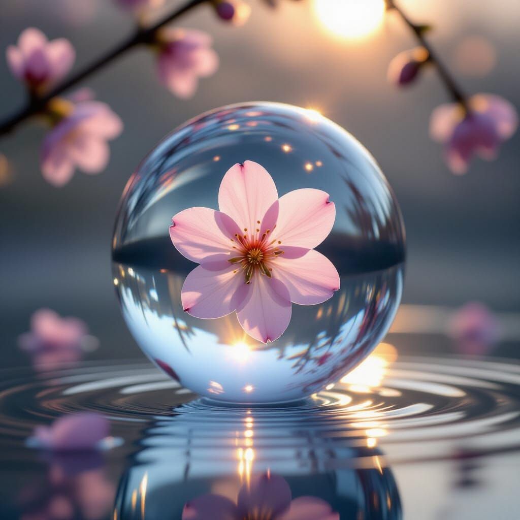 Glass Sphere With Cherry Blossom Petal in Soft Light