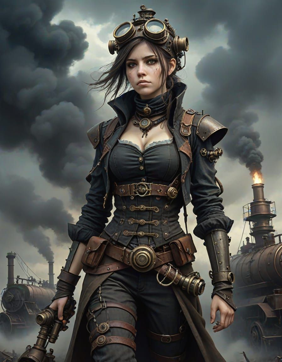 Grimdark Woman in Ruins Amidst Steampunk Apocalypse
