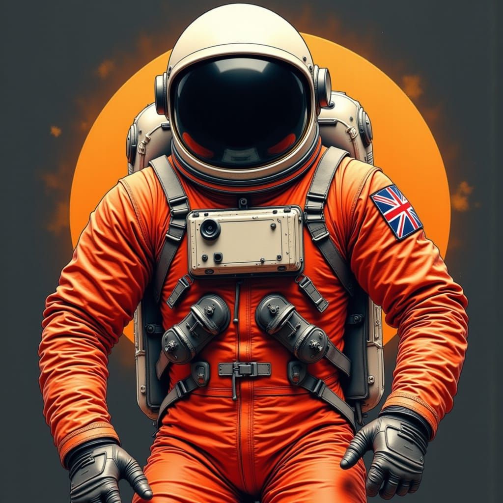 Typography in Bold lettering ‘CAFFEINE SPACEMEN’ across the middle of a logo of <lora:Caffeine Spacemen:1.0> burnt orange Spacesuit