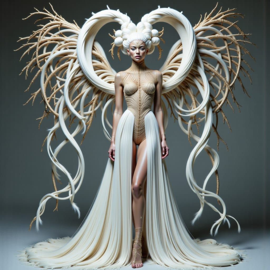 Full-body editorial shot, photography, model’s platinum-white hair coiled like a double helix from head to waist in a hovering spiral struct...