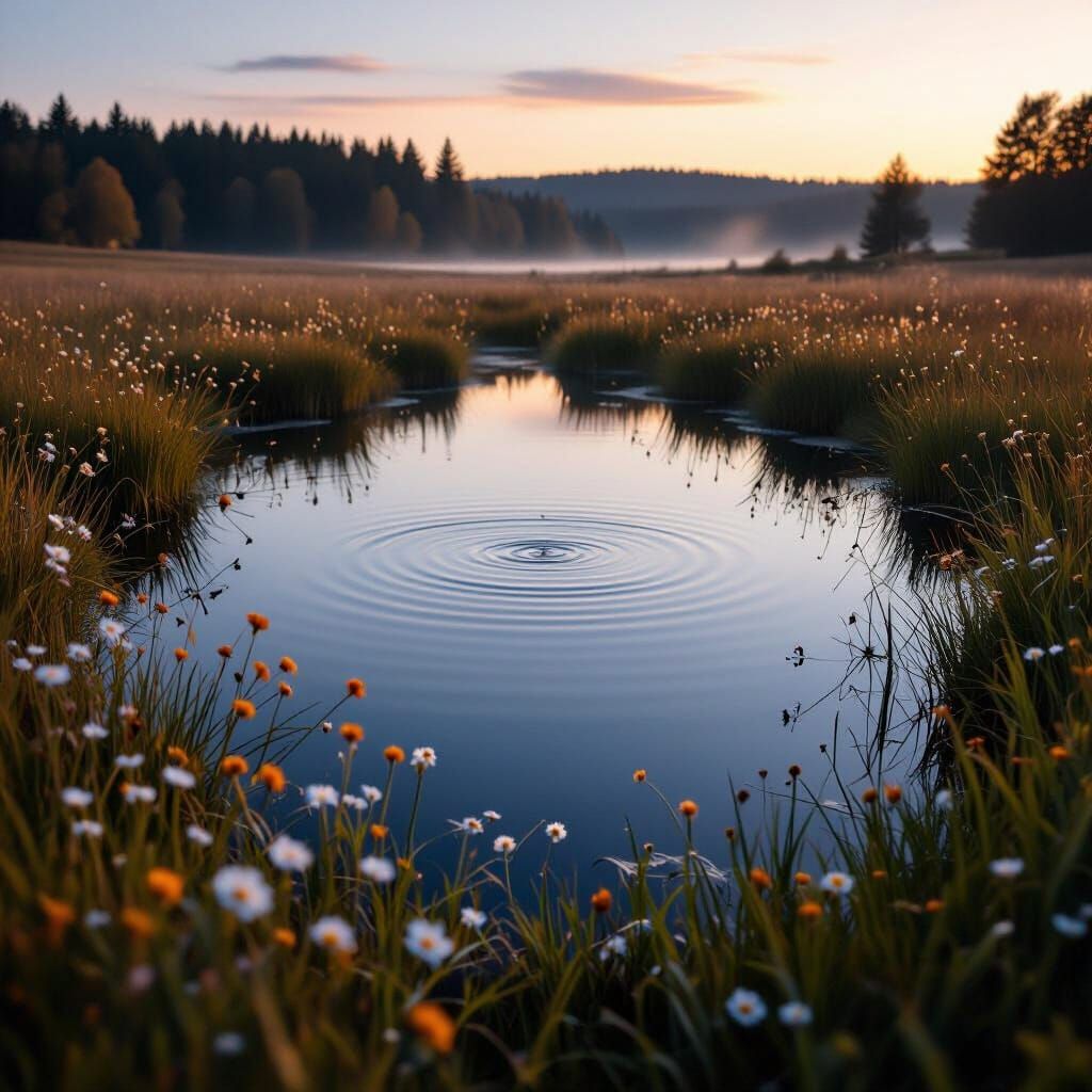 A cinematic, photorealistic landscape at twilight featuring a still pond surrounded by soft meadow grass and delicate wildflowers in the war...