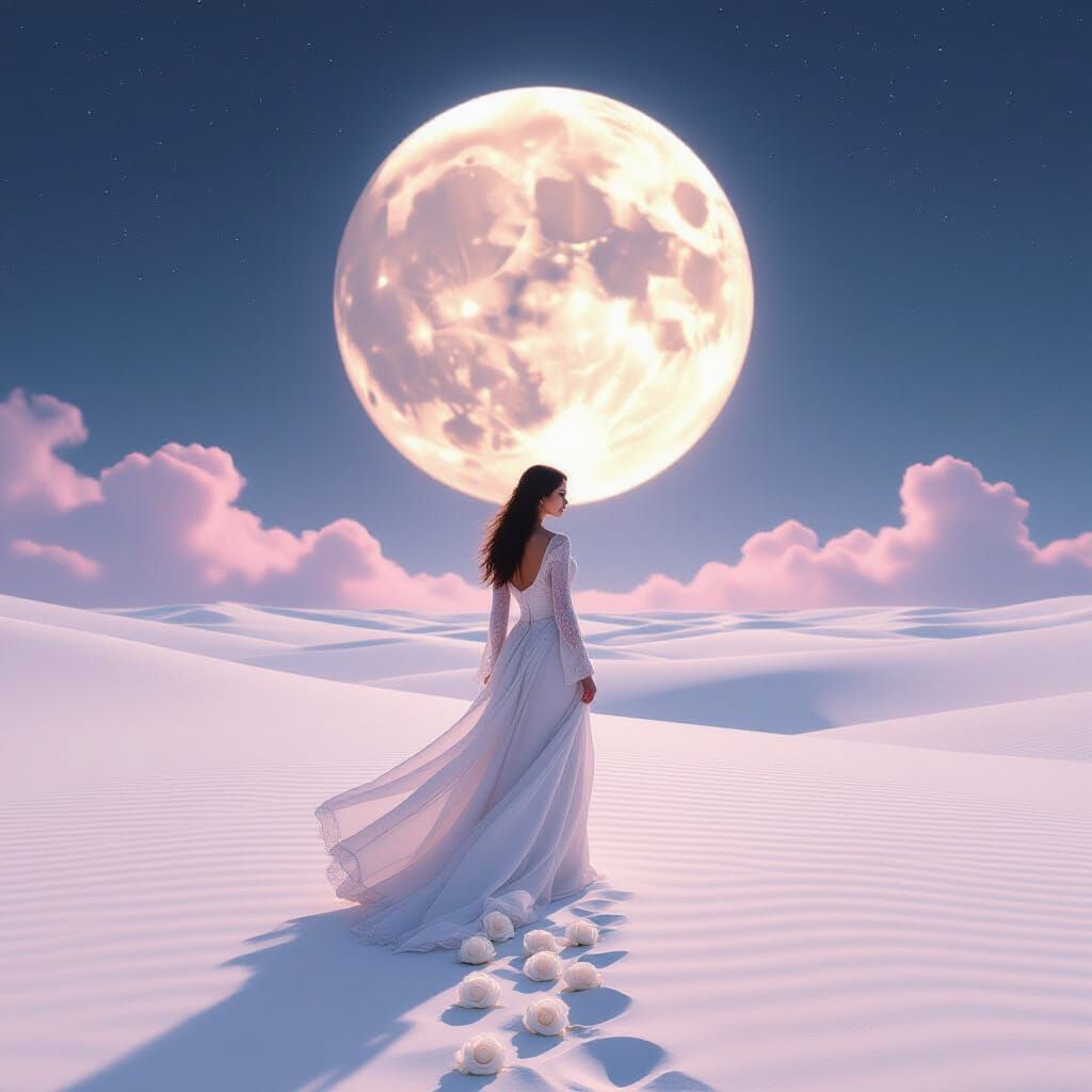 Hyperrealistic, ultra-detailed 8K illustration. A white desert under the moonlight, covered in soft pink mist. Through the haze emerges a wo...